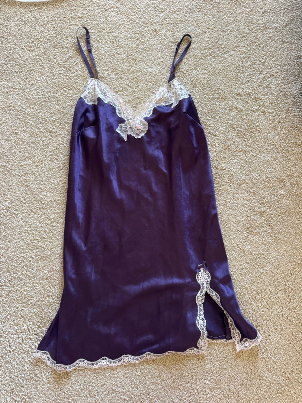 Victoria's Secret Deep Purple Satin Chemise with White Lace Trim